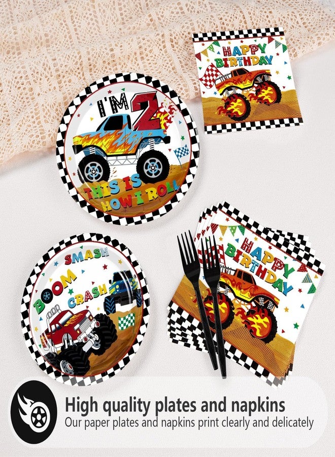 Grencian 96 Pcs Monster Cartoon Truck 2nd Birthday Party Supplies I’m 2 Truck Plates Checkered Tableware Set Racing Car Decorations for Two Year Old Kids Boys Truck Theme Party Serves 24 - Image 3